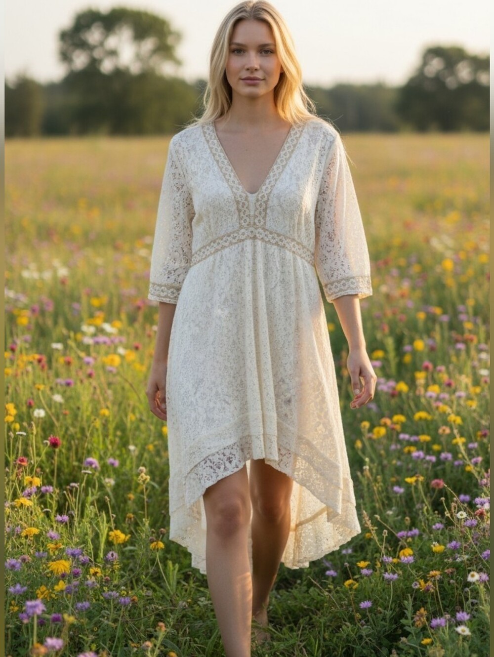 Celtic Fusion Design Cream Lace Wedding High Low Boho Dress Faerie Wiccan Large